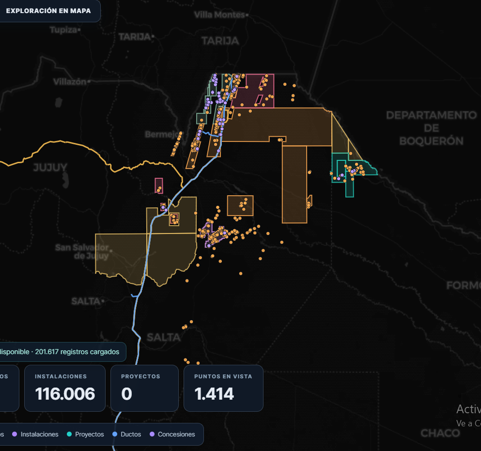 Captura de referencia del mapa de instalaciones petroleras del norte argentino facilitada para el proyecto; no identifica por sí sola puntos de quema de gas.